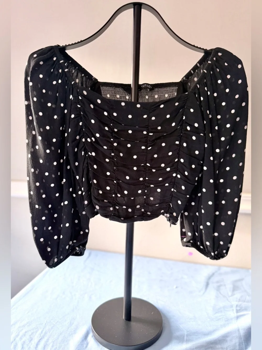 Zara Polka Dot Ruched Crop Top Size S Black Sheer Puff Sleeve Whimsigoth